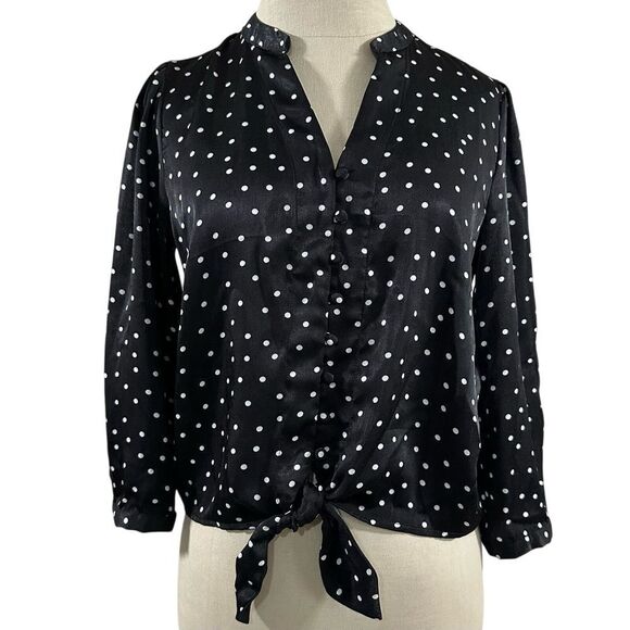 Elodie Womens Blouse Polka Dot Button Up Hem Tie V‎ Neck Long sleeves Top Size S - Picture 1 of 9